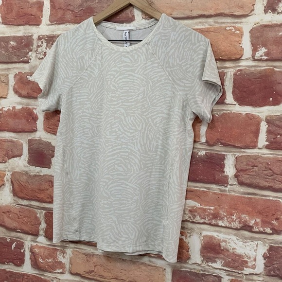 Athleta Workout Athletic Top Shirt Women's Small Tan White Abstract Gym Stretchy - Picture 3 of 9